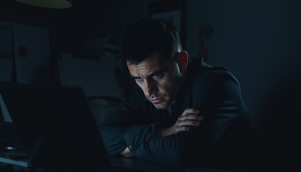 A weary, overworked individual sits hunched over a desk, surrounded by a cluttered workspace and a laptop screen. Dim lighting casts long shadows, creating an atmosphere of fatigue and mental strain. The figure's expression is one of exhaustion, with dark circles under their eyes and a furrowed brow. In the background, a blurred calendar and to-do list hint at the overwhelming demands and the inability to keep up. The overall scene conveys the subtle signs of high-functioning burnout - the push to excel despite the physical and emotional toll. A weary, overworked individual sits hunched over a desk, surrounded by a cluttered workspace and a laptop screen. Dim lighting casts long shadows, creating an atmosphere of fatigue and mental strain. The figure's expression is one of exhaustion, with dark circles under their eyes and a furrowed brow. In the background, a blurred calendar and to-do list hint at the overwhelming demands and the inability to keep up. The overall scene conveys the subtle signs of high-functioning burnout - the push to excel despite the physical and emotional toll.