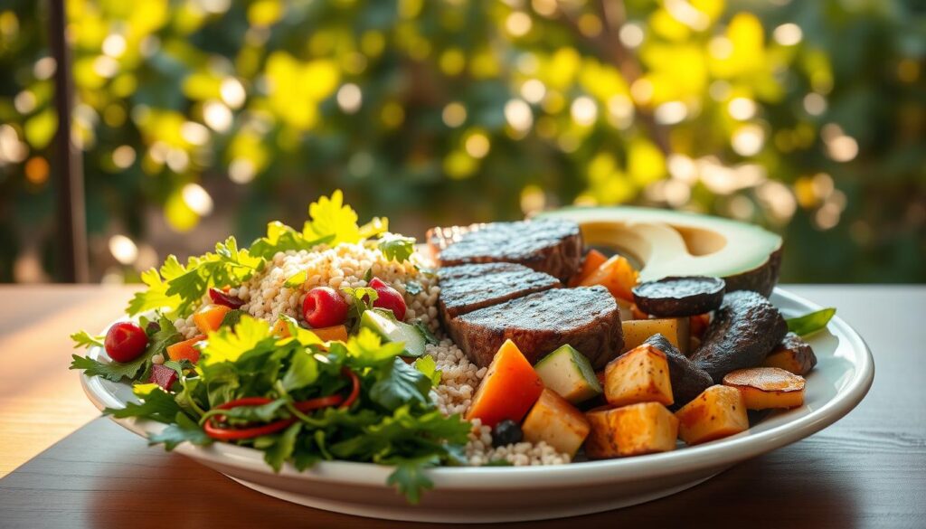 A well-balanced, vibrant plate showcasing the contrast between a plant-based and paleo lifestyle. In the foreground, an arrangement of fresh greens, colorful vegetables, and whole grains. In the middle ground, seared steak, roasted root vegetables, and a side of avocado. The background depicts a serene, natural setting with sunlight filtering through lush foliage. The lighting is warm and inviting, capturing the appeal of both diets. The overall composition conveys a sense of balance, health, and the ability to tailor one's nutritional approach to individual goals and preferences. A well-balanced, vibrant plate showcasing the contrast between a plant-based and paleo lifestyle. In the foreground, an arrangement of fresh greens, colorful vegetables, and whole grains. In the middle ground, seared steak, roasted root vegetables, and a side of avocado. The background depicts a serene, natural setting with sunlight filtering through lush foliage. The lighting is warm and inviting, capturing the appeal of both diets. The overall composition conveys a sense of balance, health, and the ability to tailor one's nutritional approach to individual goals and preferences.