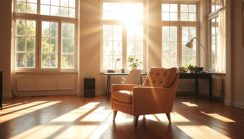 A well-lit, airy interior with large windows bathed in warm, natural daylight. Soft sunbeams stream through the glass, casting a gentle glow and casting long shadows on the hardwood floor. A comfortable armchair sits in the foreground, inviting the viewer to relax and unwind. The middle ground features a desk or table with a plant and a few scattered items, hinting at productive daytime activities. In the background, glimpses of an outdoor scene can be seen through the windows, perhaps a lush garden or a tranquil landscape, emphasizing the connection between indoor and outdoor spaces. The overall atmosphere exudes a sense of calm, productivity, and healthy balance, setting the stage for a restorative sleep routine. A well-lit, airy interior with large windows bathed in warm, natural daylight. Soft sunbeams stream through the glass, casting a gentle glow and casting long shadows on the hardwood floor. A comfortable armchair sits in the foreground, inviting the viewer to relax and unwind. The middle ground features a desk or table with a plant and a few scattered items, hinting at productive daytime activities. In the background, glimpses of an outdoor scene can be seen through the windows, perhaps a lush garden or a tranquil landscape, emphasizing the connection between indoor and outdoor spaces. The overall atmosphere exudes a sense of calm, productivity, and healthy balance, setting the stage for a restorative sleep routine.