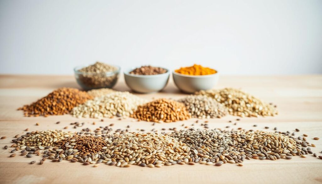 A well-lit, clean-lined still life showcasing a vibrant array of various seeds arranged in an aesthetically pleasing manner. The foreground features an assortment of whole and crushed chia, flax, pumpkin, and sunflower seeds, artfully scattered across a smooth, natural wooden surface. The middle ground includes a few ceramic or glass bowls containing these same seeds, while the background gently fades into a soft, neutral tone that allows the central elements to take center stage. The overall composition conveys a sense of balance, harmony, and the potential for wellness, reflecting the core message of "seed cycling" for hormone regulation. A well-lit, clean-lined still life showcasing a vibrant array of various seeds arranged in an aesthetically pleasing manner. The foreground features an assortment of whole and crushed chia, flax, pumpkin, and sunflower seeds, artfully scattered across a smooth, natural wooden surface. The middle ground includes a few ceramic or glass bowls containing these same seeds, while the background gently fades into a soft, neutral tone that allows the central elements to take center stage. The overall composition conveys a sense of balance, harmony, and the potential for wellness, reflecting the core message of "seed cycling" for hormone regulation.