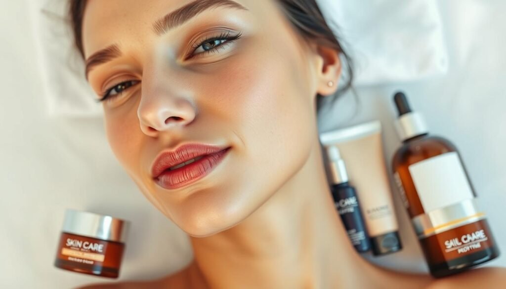 A well-lit, close-up photo of a woman's face, focused on her skin and featuring various skin care products. The products should be arranged neatly on a clean, minimalist background, creating a spa-like, relaxing atmosphere. The woman's skin should appear healthy, glowing, and rejuvenated, emphasizing the effectiveness of the skin care routine. Lighting should be soft and diffused, creating a warm, inviting mood. The angle should be slightly above the subject, creating a flattering perspective. The overall composition should be balanced and visually appealing, showcasing the skin care products in a visually compelling way.