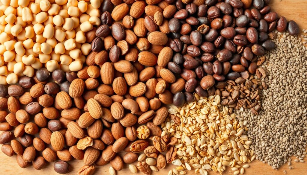 A well-lit, close-up still life of an assortment of pantry staples including various legumes such as chickpeas, lentils, and kidney beans, an arrangement of mixed nuts like almonds, walnuts, and cashews, and a variety of seeds such as chia, flax, and sunflower, all neatly organized on a wooden surface. The items are shot from a slightly elevated angle, with soft, directional lighting creating depth and texture. The mood is clean, fresh, and inviting, showcasing the natural colors and forms of these healthy, versatile ingredients.