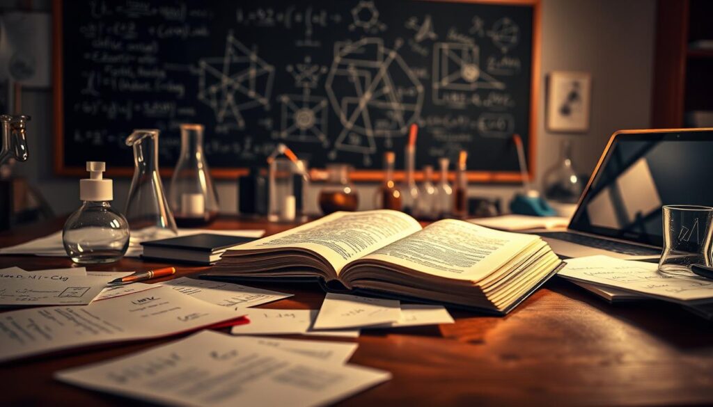 A well-lit desk with an open book, scattered papers, and a laptop, surrounded by scientific equipment and glassware. In the background, a chalkboard or whiteboard covered in equations and diagrams. The scene radiates a sense of intellectual curiosity and academic focus, capturing the essence of scientific research and studies. Soft, warm lighting casts a contemplative mood, emphasizing the thoughtful, investigative nature of the subject matter. The composition is balanced, drawing the viewer's eye to the central elements while hinting at the broader context of the scholarly environment.