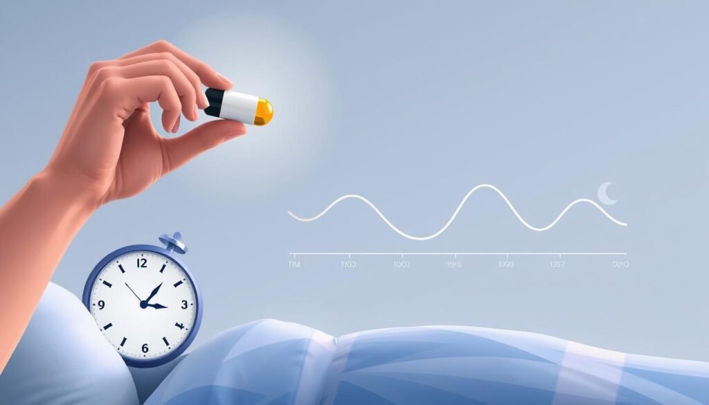 A well-lit, detailed illustration depicting the optimal timing for taking melatonin supplements. In the foreground, a human figure is shown taking a melatonin capsule, with a clock and moon phase icons providing clear visual cues for the appropriate time to take the supplement - around 2 hours before the desired bedtime. In the middle ground, a circadian rhythm graph illustrates the natural rise and fall of melatonin levels throughout the day. The background features a minimalist, soothing color palette with soft gradients, evoking a sense of relaxation and sleep. The overall composition conveys the importance of properly timing melatonin dosage for maximum effectiveness and safety. A well-lit, detailed illustration depicting the optimal timing for taking melatonin supplements. In the foreground, a human figure is shown taking a melatonin capsule, with a clock and moon phase icons providing clear visual cues for the appropriate time to take the supplement - around 2 hours before the desired bedtime. In the middle ground, a circadian rhythm graph illustrates the natural rise and fall of melatonin levels throughout the day. The background features a minimalist, soothing color palette with soft gradients, evoking a sense of relaxation and sleep. The overall composition conveys the importance of properly timing melatonin dosage for maximum effectiveness and safety.