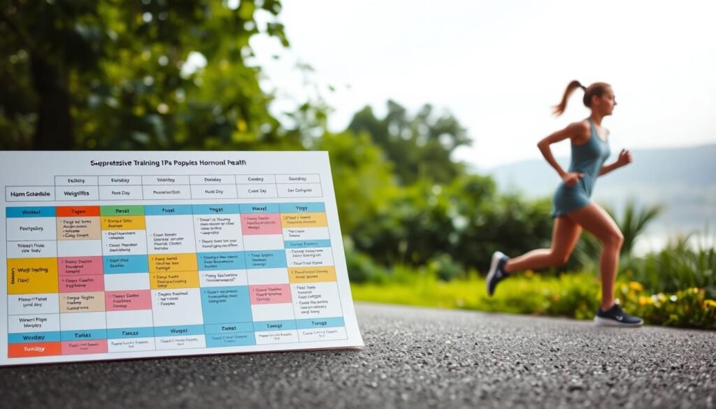 A well-lit, detailed illustration of a comprehensive training plan. In the foreground, a neatly organized schedule with color-coded workout types, rest days, and nutrition guidance. In the middle ground, a runner performing various exercises like weightlifting, yoga, and cardio, all designed to support hormonal balance. In the background, a serene natural setting with lush greenery and a calm, overcast sky, conveying a sense of balance and rejuvenation. The lighting is soft and diffused, creating a warm, inviting atmosphere. The overall tone is professional, informative, and geared towards helping the viewer design an effective training regimen that prioritizes hormonal health. A well-lit, detailed illustration of a comprehensive training plan. In the foreground, a neatly organized schedule with color-coded workout types, rest days, and nutrition guidance. In the middle ground, a runner performing various exercises like weightlifting, yoga, and cardio, all designed to support hormonal balance. In the background, a serene natural setting with lush greenery and a calm, overcast sky, conveying a sense of balance and rejuvenation. The lighting is soft and diffused, creating a warm, inviting atmosphere. The overall tone is professional, informative, and geared towards helping the viewer design an effective training regimen that prioritizes hormonal health.