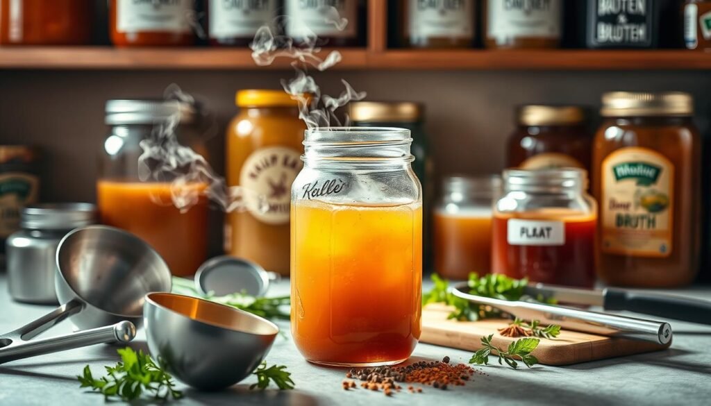 A well-lit, detailed still-life scene of various bone broth safety elements. In the foreground, a clear glass jar filled with homemade bone broth, steam rising gently. Surrounding it, a set of kitchen utensils - a stainless steel ladle, a meat thermometer, and a pair of tongs. In the middle ground, a cutting board with fresh herbs and spices. In the background, shelves holding jars of different broths, labeled with their origins and ingredients. Soft, warm lighting illuminates the scene, creating an atmosphere of careful preparation and quality control. The overall mood conveys the importance of safety and attention to detail when crafting daily bone broth.