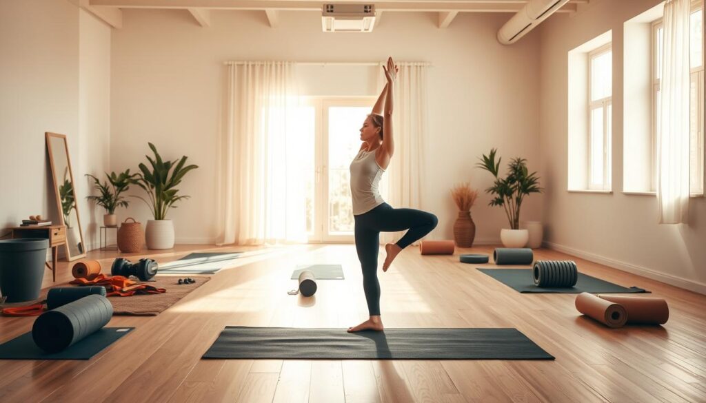 A well-lit, dynamic scene showcasing the concept of mobility. In the foreground, a person performing a series of stretches and exercises, their movements capturing the essence of physical flexibility and range of motion. The middle ground features various fitness props like yoga mats, resistance bands, and foam rollers, conveying the minimal equipment needed for effective mobility workouts. The background depicts an airy, sunlit space with clean, modern design elements, creating a serene and inspirational atmosphere. Warm, natural lighting casts a soft, inviting glow, while the camera angle provides a slightly elevated perspective, emphasizing the empowering and accessible nature of the mobility exercises. Overall, the image radiates a sense of ease, approachability, and the notion that taking care of one's body can be achieved with simple, yet impactful practices.