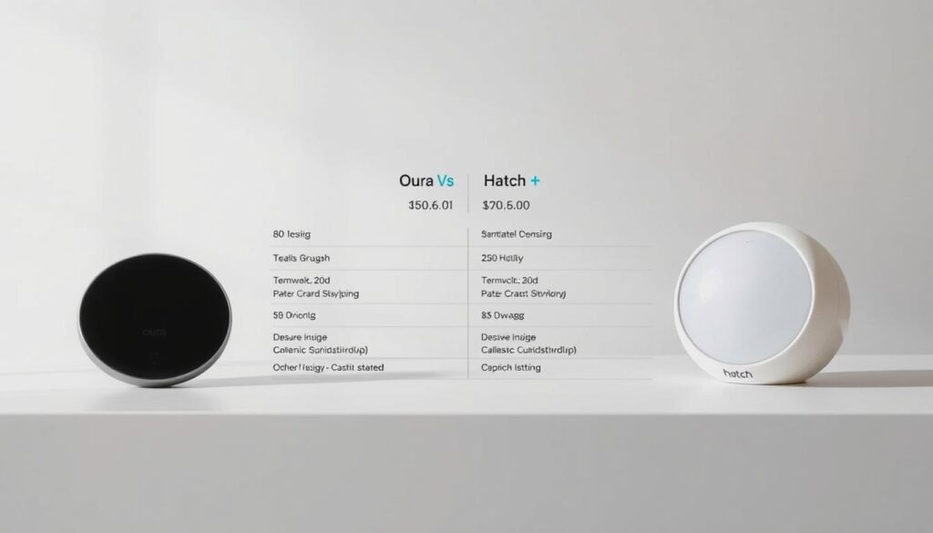 A well-lit, high-quality comparison of the Oura and Hatch smart devices. In the foreground, the two devices are placed side-by-side on a clean, minimalist surface, allowing their designs and features to be clearly visible. The middle ground showcases detailed product specifications and pricing information, presented in a clear, easy-to-read format. The background is a softly blurred, neutral backdrop, keeping the focus on the devices and the comparative data. The overall mood is one of informative, comparative clarity, highlighting the key details necessary for consumers to make an informed decision. A well-lit, high-quality comparison of the Oura and Hatch smart devices. In the foreground, the two devices are placed side-by-side on a clean, minimalist surface, allowing their designs and features to be clearly visible. The middle ground showcases detailed product specifications and pricing information, presented in a clear, easy-to-read format. The background is a softly blurred, neutral backdrop, keeping the focus on the devices and the comparative data. The overall mood is one of informative, comparative clarity, highlighting the key details necessary for consumers to make an informed decision.