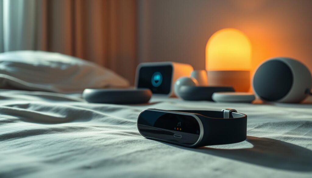 A well-lit, high-resolution image showcasing the latest sleep tech features in an artistic, editorial style. In the foreground, a wearable sleep tracker device with a sleek, minimalist design rests on a soft, fabric surface. Shadows and highlights accentuate its elegant curves and subtle details. In the middle ground, a smart sunrise lamp emits a warm, natural glow, casting a cozy atmosphere. Behind it, an array of soothing sound therapy devices, their clean lines and muted colors creating a harmonious, futuristic scene. The overall mood is one of innovation, relaxation, and the intersection of technology and wellness. A well-lit, high-resolution image showcasing the latest sleep tech features in an artistic, editorial style. In the foreground, a wearable sleep tracker device with a sleek, minimalist design rests on a soft, fabric surface. Shadows and highlights accentuate its elegant curves and subtle details. In the middle ground, a smart sunrise lamp emits a warm, natural glow, casting a cozy atmosphere. Behind it, an array of soothing sound therapy devices, their clean lines and muted colors creating a harmonious, futuristic scene. The overall mood is one of innovation, relaxation, and the intersection of technology and wellness.