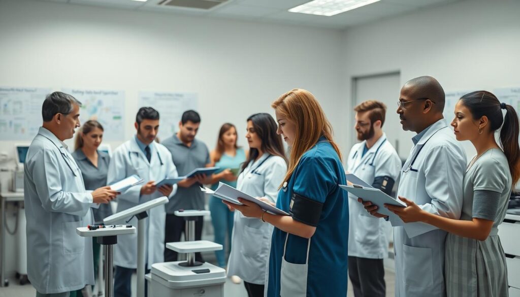 A well-lit, high-resolution scientific study scene depicting a group of participants undergoing weight loss evaluation. In the foreground, medical professionals take precise measurements and record data on clipboards. The middle ground showcases various diagnostic equipment like scales, body composition analyzers, and blood pressure cuffs. The background features a clean, modern laboratory setting with sleek medical equipment and informative wall charts. The overall atmosphere conveys a sense of precision, objectivity, and a focus on quantifiable health outcomes. The lighting is bright and even, creating a clinical yet welcoming ambiance. A well-lit, high-resolution scientific study scene depicting a group of participants undergoing weight loss evaluation. In the foreground, medical professionals take precise measurements and record data on clipboards. The middle ground showcases various diagnostic equipment like scales, body composition analyzers, and blood pressure cuffs. The background features a clean, modern laboratory setting with sleek medical equipment and informative wall charts. The overall atmosphere conveys a sense of precision, objectivity, and a focus on quantifiable health outcomes. The lighting is bright and even, creating a clinical yet welcoming ambiance.