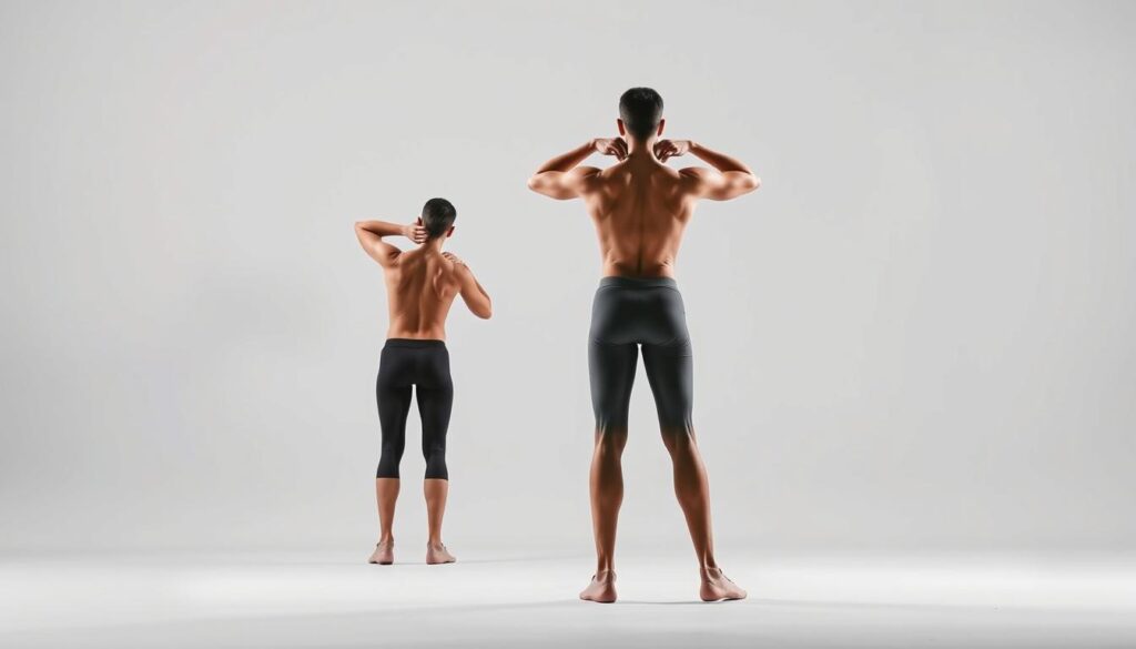 A well-lit studio scene of a person performing a series of mobility warm-up exercises. The subject is standing in the foreground, centered in the frame, with a plain white backdrop behind them. Their body is depicted in a detailed, realistic style, with particular focus on the movement and positioning of the hips, ankles, spine, and shoulders as they engage in dynamic stretches and gentle rotations. The lighting is soft and diffused, creating an atmosphere of calm focus. The camera angle is slightly elevated, providing an optimal view of the subject's form and technique. The overall mood is one of preparedness and mindfulness, setting the stage for a productive workout session.