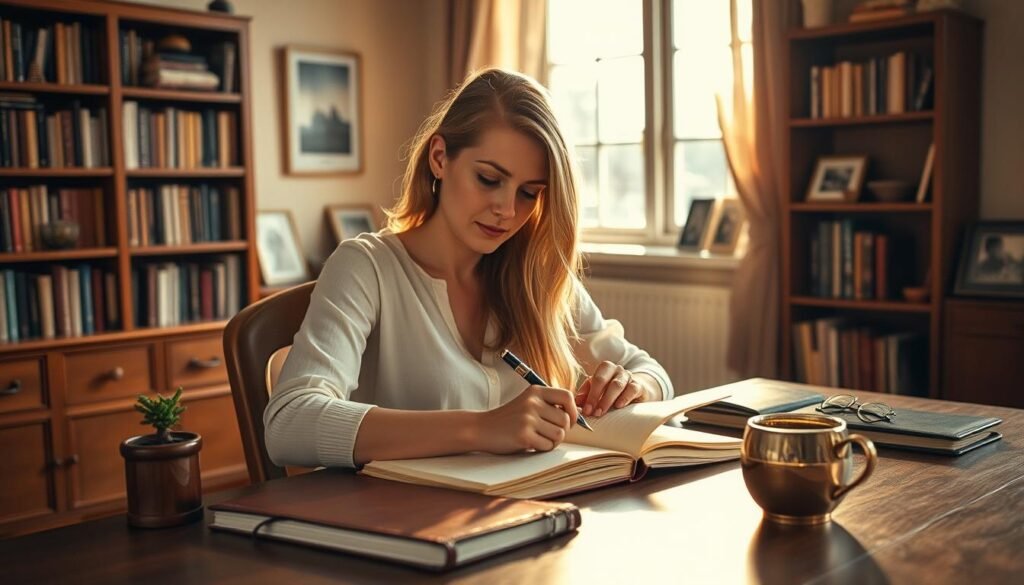 A woman sits at a wooden desk, journaling intently in a leather-bound notebook. The room is bathed in warm, natural lighting from a large window, casting a golden glow. The desk is adorned with various stationery items, including a vintage fountain pen, a small houseplant, and a cup of steaming tea. In the background, a bookshelf filled with books and a few framed photographs suggests a cozy, contemplative workspace. The woman's expression is one of focus and determination, as she tracks her progress and measures the real-life results of her 'future self' journaling practice. A woman sits at a wooden desk, journaling intently in a leather-bound notebook. The room is bathed in warm, natural lighting from a large window, casting a golden glow. The desk is adorned with various stationery items, including a vintage fountain pen, a small houseplant, and a cup of steaming tea. In the background, a bookshelf filled with books and a few framed photographs suggests a cozy, contemplative workspace. The woman's expression is one of focus and determination, as she tracks her progress and measures the real-life results of her 'future self' journaling practice.