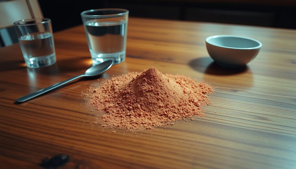 A wooden table in a warmly lit kitchen, with a small pile of triphala powder in the center, surrounded by a spoon, a glass of water, and a small bowl. The powder appears fine and uniform, with a slightly reddish-brown hue. The lighting casts soft shadows, highlighting the texture and depth of the powder. The overall scene conveys a sense of balance, simplicity, and the importance of proper dosage and preparation when using this traditional Ayurvedic supplement. A wooden table in a warmly lit kitchen, with a small pile of triphala powder in the center, surrounded by a spoon, a glass of water, and a small bowl. The powder appears fine and uniform, with a slightly reddish-brown hue. The lighting casts soft shadows, highlighting the texture and depth of the powder. The overall scene conveys a sense of balance, simplicity, and the importance of proper dosage and preparation when using this traditional Ayurvedic supplement.