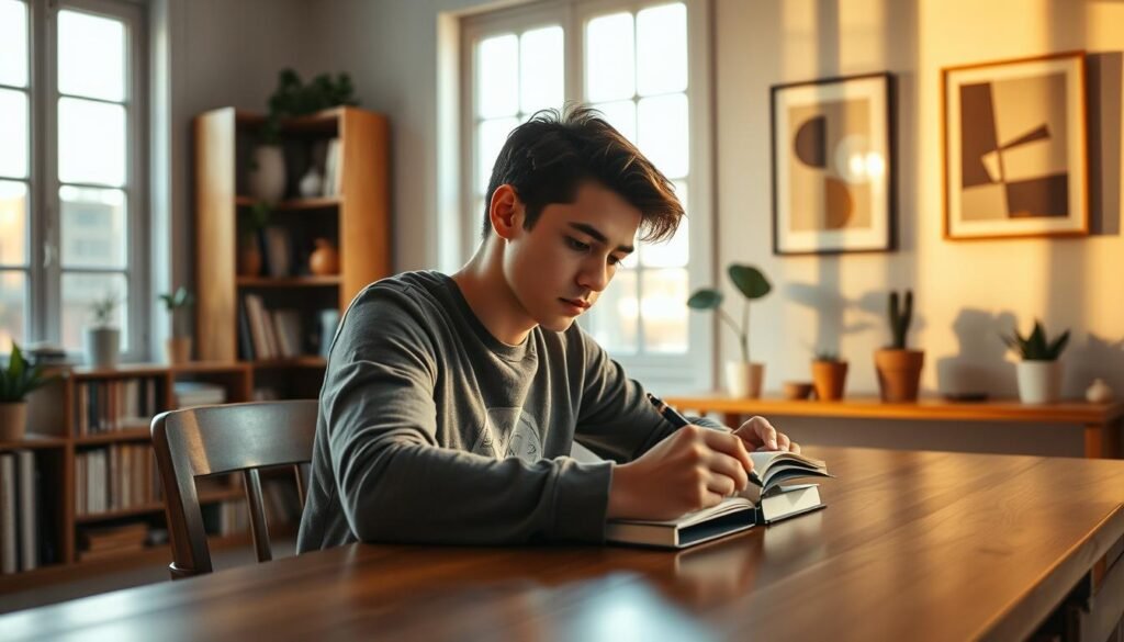 A young adult sits at a wooden desk, intently journaling with a fountain pen. Warm, natural light streams in through large windows, casting a soft glow on the scene. The background features a minimalist, yet cozy home office, with bookshelves, potted plants, and a framed abstract artwork on the wall. The individual's expression is pensive, yet hopeful, as they contemplate their future goals and aspirations. The composition emphasizes the act of self-reflection, capturing the power of 'future self' journaling to unlock personal growth and positivity. A young adult sits at a wooden desk, intently journaling with a fountain pen. Warm, natural light streams in through large windows, casting a soft glow on the scene. The background features a minimalist, yet cozy home office, with bookshelves, potted plants, and a framed abstract artwork on the wall. The individual's expression is pensive, yet hopeful, as they contemplate their future goals and aspirations. The composition emphasizes the act of self-reflection, capturing the power of 'future self' journaling to unlock personal growth and positivity.