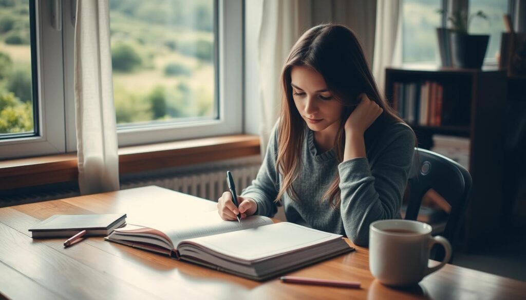 A young woman sits at a wooden desk, focused intently on her journal. Soft, diffused light filters in from a nearby window, casting a warm, pensive glow over the scene. Her expression is one of deep contemplation, as she ponders the future version of herself reflected in the pages before her. The desktop is meticulously organized, with a pen, pencils, and a mug of tea placed strategically. In the background, a lush, verdant landscape can be seen through the window, hinting at the sense of growth and possibility that this journaling exercise aims to cultivate. The overall atmosphere is one of tranquility, introspection, and a tangible sense of the individual's connection to their evolving self. A young woman sits at a wooden desk, focused intently on her journal. Soft, diffused light filters in from a nearby window, casting a warm, pensive glow over the scene. Her expression is one of deep contemplation, as she ponders the future version of herself reflected in the pages before her. The desktop is meticulously organized, with a pen, pencils, and a mug of tea placed strategically. In the background, a lush, verdant landscape can be seen through the window, hinting at the sense of growth and possibility that this journaling exercise aims to cultivate. The overall atmosphere is one of tranquility, introspection, and a tangible sense of the individual's connection to their evolving self.