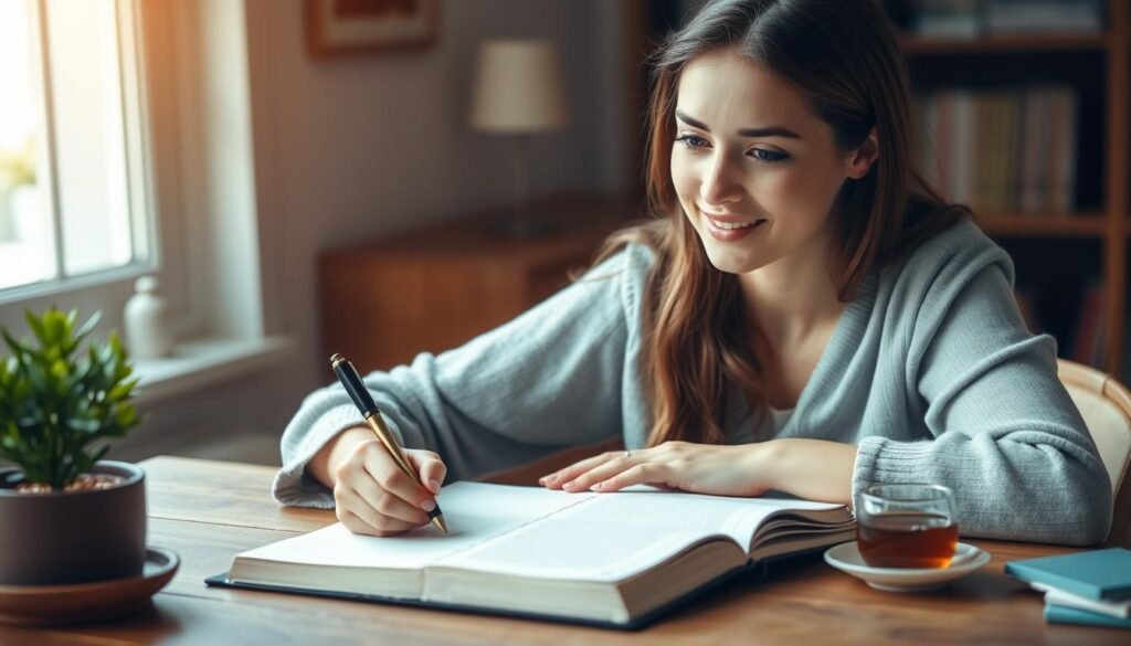 A young woman sits at a wooden desk, her journal open before her. Soft natural light filters in through the window, casting a warm glow on her features as she ponders her future self. Her expression is contemplative, a slight smile playing on her lips as she writes with a vintage-style fountain pen. The desk is adorned with a small potted plant and a cup of steaming tea, creating a serene, introspective atmosphere. The background is blurred, focusing the viewer's attention on the act of journaling and the sense of self-reflection. The scene conveys a sense of tranquility, as the woman envisions her future path and unlocks the power of neuroplasticity through expressive writing. A young woman sits at a wooden desk, her journal open before her. Soft natural light filters in through the window, casting a warm glow on her features as she ponders her future self. Her expression is contemplative, a slight smile playing on her lips as she writes with a vintage-style fountain pen. The desk is adorned with a small potted plant and a cup of steaming tea, creating a serene, introspective atmosphere. The background is blurred, focusing the viewer's attention on the act of journaling and the sense of self-reflection. The scene conveys a sense of tranquility, as the woman envisions her future path and unlocks the power of neuroplasticity through expressive writing.