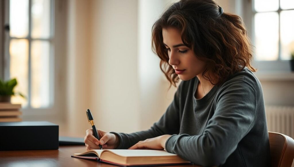 A young woman sitting at a wooden desk, focused on writing in a journal. Warm, natural lighting filters through a large window, casting a soft glow on her face. The background is blurred, suggesting a cozy, minimalist home office setting. Her expression is one of deep contemplation, as she shapes her thoughts onto the page - a serene, reflective moment of self-discovery. The scene conveys a sense of calm, introspection, and personal growth, hinting at the transformative power of 'future self' journaling. A young woman sitting at a wooden desk, focused on writing in a journal. Warm, natural lighting filters through a large window, casting a soft glow on her face. The background is blurred, suggesting a cozy, minimalist home office setting. Her expression is one of deep contemplation, as she shapes her thoughts onto the page - a serene, reflective moment of self-discovery. The scene conveys a sense of calm, introspection, and personal growth, hinting at the transformative power of 'future self' journaling.