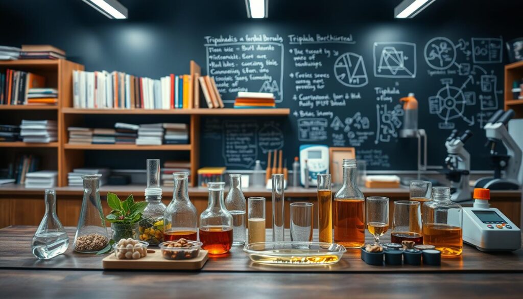 An academic laboratory setting with scientific equipment and materials related to the study of triphala, an Ayurvedic herbal formula. In the foreground, a wooden table holds various glass beakers, test tubes, and petri dishes filled with botanical samples and liquids. Shelves in the middle ground display reference books, journals, and analytical instruments like a microscope and pH meter. The background features a chalkboard with handwritten notes and diagrams elucidating the mechanisms and benefits of triphala. Soft, even lighting from overhead fixtures casts an intellectual, contemplative mood, inviting the viewer to ponder the scientific inquiry into this ancient herbal remedy. An academic laboratory setting with scientific equipment and materials related to the study of triphala, an Ayurvedic herbal formula. In the foreground, a wooden table holds various glass beakers, test tubes, and petri dishes filled with botanical samples and liquids. Shelves in the middle ground display reference books, journals, and analytical instruments like a microscope and pH meter. The background features a chalkboard with handwritten notes and diagrams elucidating the mechanisms and benefits of triphala. Soft, even lighting from overhead fixtures casts an intellectual, contemplative mood, inviting the viewer to ponder the scientific inquiry into this ancient herbal remedy.
