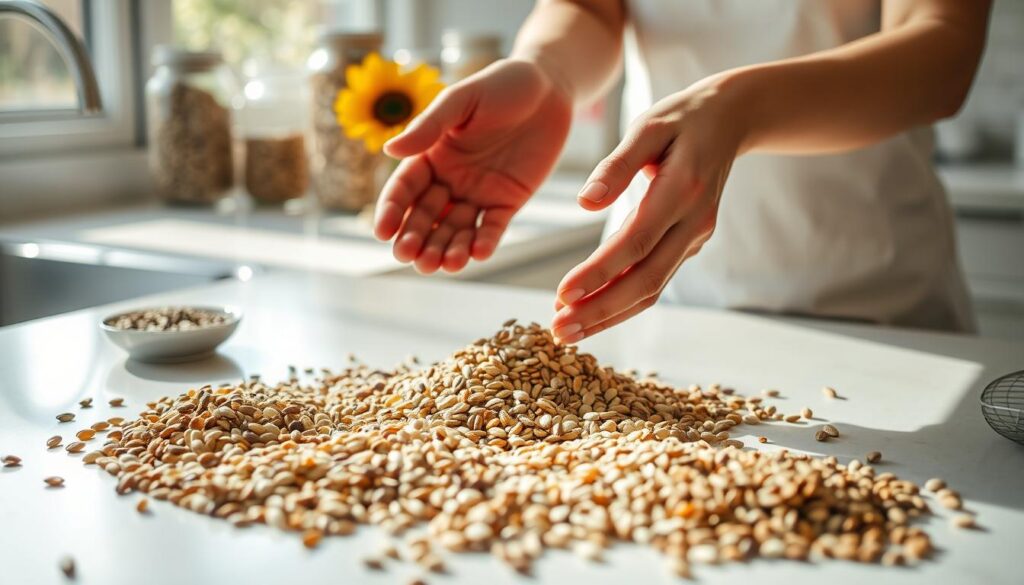 An airy, sunlit kitchen counter, the surface adorned with a variety of artfully arranged seeds: plump sunflower, flaxseed, sesame, and more. In the foreground, two hands carefully mix the seeds, the motion captured with a shallow depth of field. Behind, jars of different seed types sit neatly, their labels visible. The overall scene conveys a sense of natural wellness, a quiet focus on the intentional practice of seed cycling to support hormonal balance. An airy, sunlit kitchen counter, the surface adorned with a variety of artfully arranged seeds: plump sunflower, flaxseed, sesame, and more. In the foreground, two hands carefully mix the seeds, the motion captured with a shallow depth of field. Behind, jars of different seed types sit neatly, their labels visible. The overall scene conveys a sense of natural wellness, a quiet focus on the intentional practice of seed cycling to support hormonal balance.