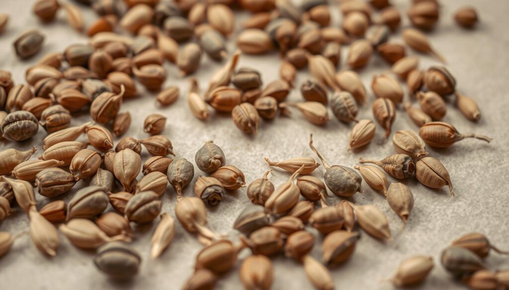 An assortment of irregular, asymmetric seeds in varying shades of brown, tan, and gray, scattered across a neutral background. Close-up perspective captures the textural details and unique shapes of each seed, some twisted, others curved or pointed. Soft, diffused lighting illuminates the subjects, highlighting their intricate patterns and nuances. The overall composition conveys a sense of natural, organic irregularity, reflecting the unpredictable nature of an irregular menstrual cycle. An assortment of irregular, asymmetric seeds in varying shades of brown, tan, and gray, scattered across a neutral background. Close-up perspective captures the textural details and unique shapes of each seed, some twisted, others curved or pointed. Soft, diffused lighting illuminates the subjects, highlighting their intricate patterns and nuances. The overall composition conveys a sense of natural, organic irregularity, reflecting the unpredictable nature of an irregular menstrual cycle.