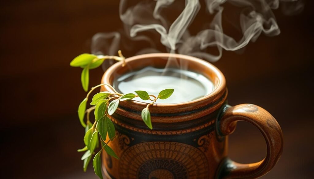 An energizing brew in an artful ceramic mug, steaming with a rich, earthy aroma. The yerba mate leaves cascade gracefully, their vibrant green hues contrasting against the warm, rustic tones of the mug. Soft, diffused lighting casts a gentle glow, illuminating the intricate texture of the ceramic and the swirling vapor. The composition evokes a sense of focus, clarity, and a subtle, sustained energy - the essence of the yerba mate experience. A single, delicate sprig of the mate plant rests atop the surface, completing the scene with a touch of natural elegance.