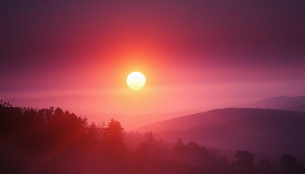 An ethereal, soft-focus image depicting the circadian rhythm of light. In the foreground, a glowing, amber-hued sun rises above a serene, misty landscape, casting warm, diffused rays across the scene. The middle ground features silhouetted trees and rolling hills, their forms subtly illuminated by the gradual shift in daylight. In the background, a gradient of indigo and purple hues fades into the horizon, representing the gradual transition from night to day. The overall atmosphere is one of tranquility and the natural rhythm of the day, conveying a sense of harmony between light, sleep, and energy.