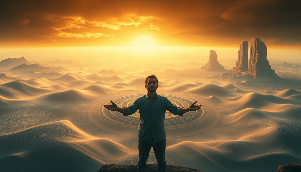 An expansive, dreamlike landscape of colliding timelines and mental structures. In the foreground, a central figure stands with hands outstretched, their face tranquil as rippling waves of energy emanate outwards. Intricate geometric patterns and glowing symbols swirl in the middleground, hinting at the underlying order and complexity of the mind. In the distant background, towering monoliths of knowledge and memory rise up, their surfaces shifting and distorting as the timelines reset. Warm, diffused lighting bathes the scene in a sense of introspection and focus, while a slightly hazy, ethereal atmosphere conveys the transformative, brain-resetting experience.