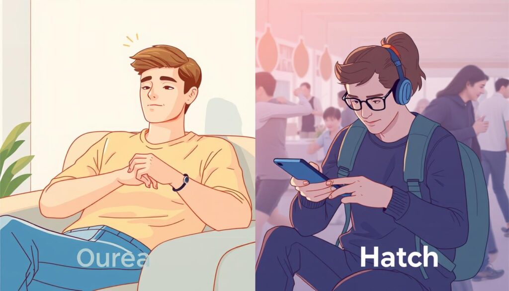 An illustration of two individuals, one in a relaxed, peaceful setting and the other in a busier, energetic environment. The relaxed individual, dressed comfortably, is using a sleek, minimal device, likely the Oura ring, while the other, in a more active pose, is interacting with a more feature-rich gadget, possibly the Hatch. The devices are prominently displayed, highlighting their distinct design and functionality. The lighting is soft and natural, creating a serene atmosphere for the Oura user and a more vibrant, dynamic setting for the Hatch user. The composition emphasizes the contrast between the two scenarios, visually suggesting the appropriate match between user and device. An illustration of two individuals, one in a relaxed, peaceful setting and the other in a busier, energetic environment. The relaxed individual, dressed comfortably, is using a sleek, minimal device, likely the Oura ring, while the other, in a more active pose, is interacting with a more feature-rich gadget, possibly the Hatch. The devices are prominently displayed, highlighting their distinct design and functionality. The lighting is soft and natural, creating a serene atmosphere for the Oura user and a more vibrant, dynamic setting for the Hatch user. The composition emphasizes the contrast between the two scenarios, visually suggesting the appropriate match between user and device.