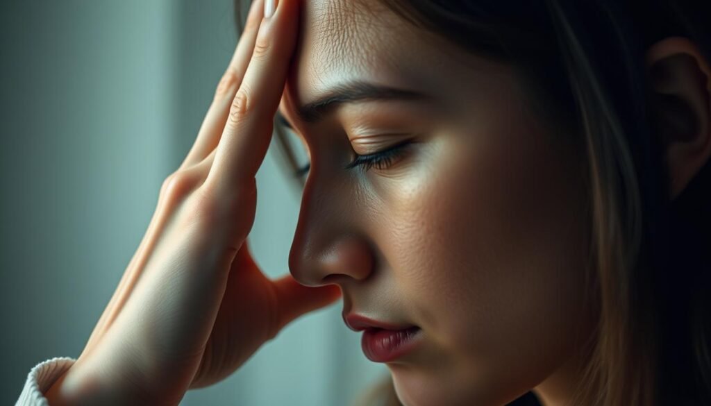An individual's hand delicately performing the EFT (Emotional Freedom Techniques) tapping sequence on their face, forehead, and along the meridian points. The scene is captured in a close-up, high-resolution perspective, emphasizing the intricate motion and precision of the tapping. The lighting is soft and diffused, creating a serene, introspective atmosphere. The background is subtly blurred, keeping the focus on the central tapping action. The model's expression conveys a sense of calm concentration, reflecting the mindfulness and intention behind the EFT practice. The overall image aims to visually represent the process of EFT tapping for anxiety relief in a realistic, yet aesthetically pleasing manner. An individual's hand delicately performing the EFT (Emotional Freedom Techniques) tapping sequence on their face, forehead, and along the meridian points. The scene is captured in a close-up, high-resolution perspective, emphasizing the intricate motion and precision of the tapping. The lighting is soft and diffused, creating a serene, introspective atmosphere. The background is subtly blurred, keeping the focus on the central tapping action. The model's expression conveys a sense of calm concentration, reflecting the mindfulness and intention behind the EFT practice. The overall image aims to visually represent the process of EFT tapping for anxiety relief in a realistic, yet aesthetically pleasing manner.