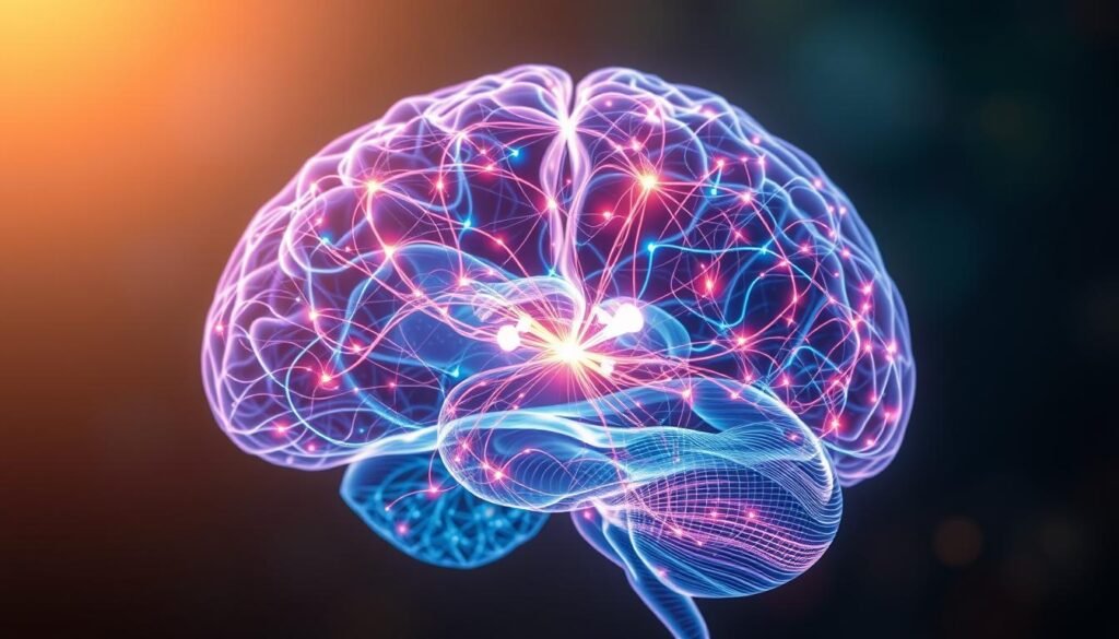 An intricately detailed cross-section of a "gratitude brain", illuminated by a warm, soft light. The foreground features a glowing, neural network of interconnected pathways, pulsing with vibrant colors and energy. The middle ground showcases intricate anatomical structures, including the limbic system and prefrontal cortex, highlighted to emphasize their roles in processing emotions and decision-making. The background fades into a serene, calming backdrop, evoking a sense of tranquility and inner peace. The overall composition conveys the neural transformations that occur within the brain when cultivating a grateful mindset, reshaping neural connections and promoting emotional resilience.