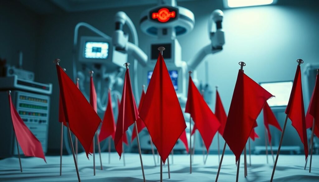 An ominous collection of red flags symbolizing potential health issues, set against a subtly unsettling medical background. In the foreground, a cluster of bold crimson pennants, their sharp angles and jagged edges conveying a sense of urgency. Towering behind them, an array of sleek, contemporary medical equipment casts an eerie glow, hinting at the seriousness of the situation. The lighting is dramatic, with deep shadows accentuating the foreboding atmosphere. The overall composition evokes a sense of unease, underscoring the importance of recognizing and responding to concerning health signs. An ominous collection of red flags symbolizing potential health issues, set against a subtly unsettling medical background. In the foreground, a cluster of bold crimson pennants, their sharp angles and jagged edges conveying a sense of urgency. Towering behind them, an array of sleek, contemporary medical equipment casts an eerie glow, hinting at the seriousness of the situation. The lighting is dramatic, with deep shadows accentuating the foreboding atmosphere. The overall composition evokes a sense of unease, underscoring the importance of recognizing and responding to concerning health signs.