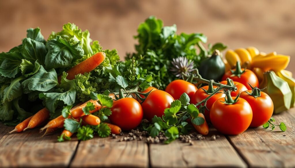 Breakfast vegetables, vibrant and fresh, arranged on a rustic wooden table. In the foreground, a selection of leafy greens, crisp carrots, and juicy tomatoes, bathed in warm, natural light. In the middle ground, a scattering of aromatic herbs, their colors and textures complementing the main ingredients. The background fades into a softly blurred, earthy tone, creating a sense of simple elegance. The overall composition evokes a feeling of health, vitality, and the nourishing start to the day. Captured with a wide-angle lens, the image invites the viewer to imagine the perfect biohacker's breakfast.