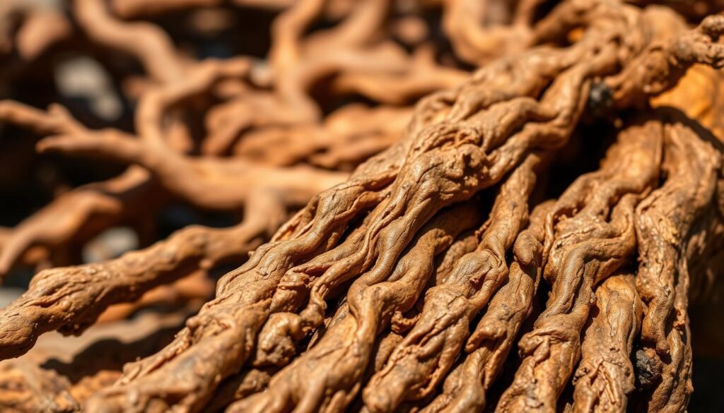 Detailed close-up of licorice root skin, showcasing its intricate, furrowed texture and earthy hues. The foreground features the gnarled, twisted root segments with their distinctive patterns and ridges, captured in vivid, high-resolution detail. The middle ground offers a sense of depth, highlighting the root's branching structure and natural variations in color, from deep browns to reddish-orange tones. The background is softly blurred, allowing the viewer to focus on the tactile, almost sculptural qualities of the licorice root's surface. The lighting is natural, casting gentle shadows that accentuate the root's contours. The overall mood is one of natural, organic beauty, inviting the viewer to appreciate the unique visual qualities of this medicinal plant. Detailed close-up of licorice root skin, showcasing its intricate, furrowed texture and earthy hues. The foreground features the gnarled, twisted root segments with their distinctive patterns and ridges, captured in vivid, high-resolution detail. The middle ground offers a sense of depth, highlighting the root's branching structure and natural variations in color, from deep browns to reddish-orange tones. The background is softly blurred, allowing the viewer to focus on the tactile, almost sculptural qualities of the licorice root's surface. The lighting is natural, casting gentle shadows that accentuate the root's contours. The overall mood is one of natural, organic beauty, inviting the viewer to appreciate the unique visual qualities of this medicinal plant.