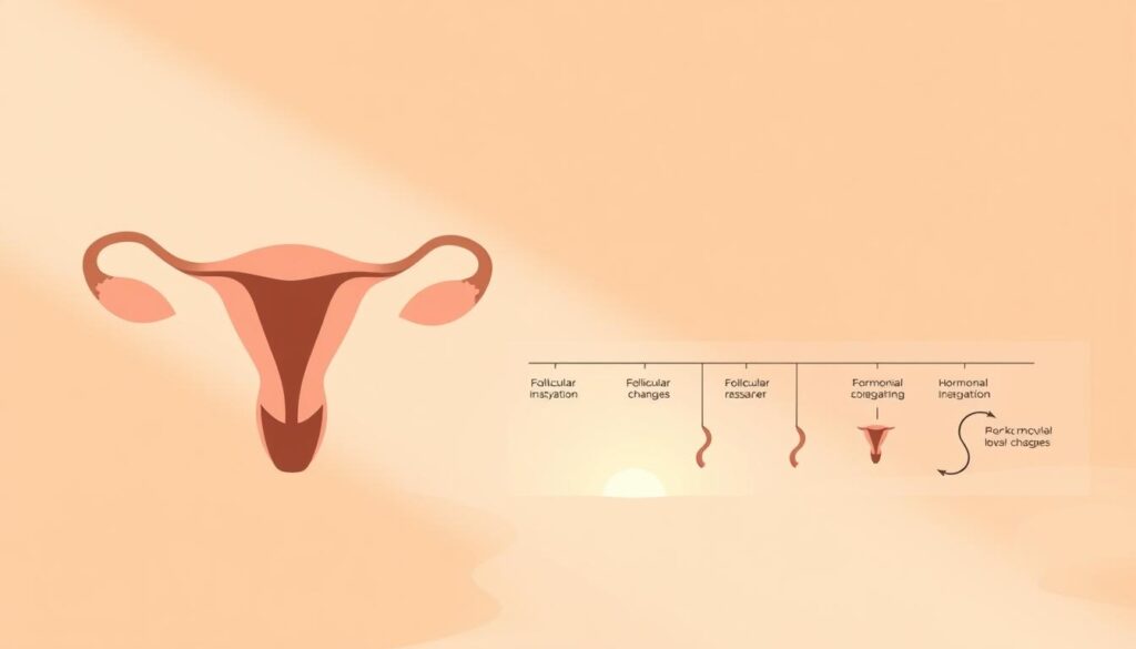 Detailed illustration of the female menstrual cycle, showcasing the follicular and luteal phases. Soft, warm lighting illuminates a clean, minimalist composition. In the foreground, a stylized ovary and uterus diagram, rendered in muted, natural tones. The middle ground depicts a timeline of the cycle's key hormonal changes, conveyed through organic, flowing shapes. In the background, a serene landscape featuring a sunrise or sunset, symbolizing the cyclical nature of the process. The overall mood is one of educational clarity and feminine wellness.