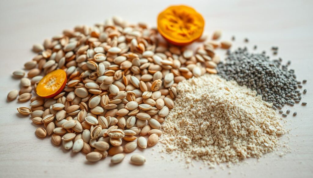 Detailed still life of an assortment of whole and halved seeds, including flax, sunflower, pumpkin, and chia, arranged on a light-colored wooden surface. The seeds are portrayed in varying states of preparation - some whole, some cracked open, some ground into a fine powder. Crisp, even lighting from overhead illuminates the textures and colors of the seeds, creating a sense of clarity and focus. The arrangement is balanced and visually appealing, with the seeds occupying the foreground and middle ground, set against a soft, blurred background. The mood is one of careful consideration and culinary preparation, conveying the idea of mindfully preparing the seeds for consumption. Detailed still life of an assortment of whole and halved seeds, including flax, sunflower, pumpkin, and chia, arranged on a light-colored wooden surface. The seeds are portrayed in varying states of preparation - some whole, some cracked open, some ground into a fine powder. Crisp, even lighting from overhead illuminates the textures and colors of the seeds, creating a sense of clarity and focus. The arrangement is balanced and visually appealing, with the seeds occupying the foreground and middle ground, set against a soft, blurred background. The mood is one of careful consideration and culinary preparation, conveying the idea of mindfully preparing the seeds for consumption.