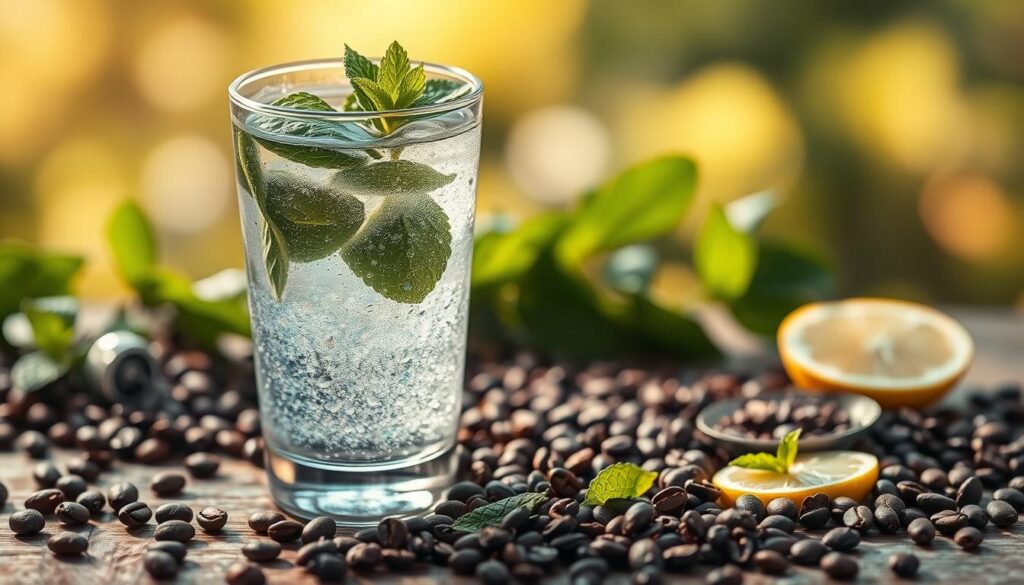 Elegant glass of sparkling water with fresh mint leaves, surrounded by scattered coffee beans, tea leaves, and a few slices of lemon against a blurred natural background. Warm, soft lighting from the side creates a calming, peaceful atmosphere. The composition emphasizes the natural, non-caffeinated alternatives to traditional stimulants, hinting at the potential for lasting energy from botanical sources. Elegant glass of sparkling water with fresh mint leaves, surrounded by scattered coffee beans, tea leaves, and a few slices of lemon against a blurred natural background. Warm, soft lighting from the side creates a calming, peaceful atmosphere. The composition emphasizes the natural, non-caffeinated alternatives to traditional stimulants, hinting at the potential for lasting energy from botanical sources.