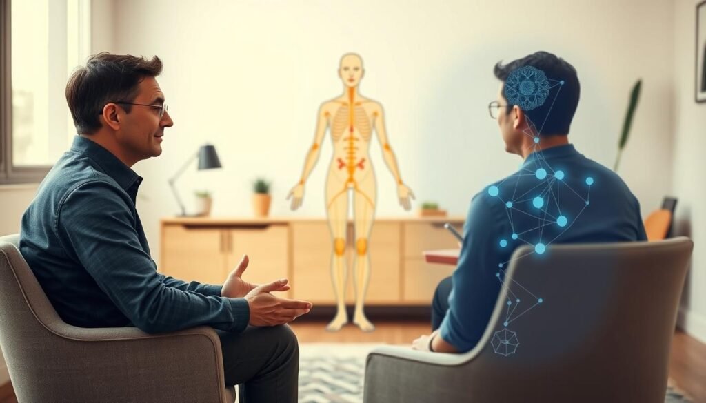 Integrating EFT with cognitive behavioral therapy. In the foreground, a person sits in a serene, minimalist office, their hands resting on their lap as they engage in EFT tapping. The middle ground features a therapist guiding the session, their expression calm and attentive. In the background, a visualization of the body's energy meridians overlays the scene, representing the integration of Eastern and Western approaches to mental health. Soft, natural lighting illuminates the space, conveying a sense of tranquility and healing. The overall atmosphere is one of introspection, balance, and the harmonious blending of therapies. Integrating EFT with cognitive behavioral therapy. In the foreground, a person sits in a serene, minimalist office, their hands resting on their lap as they engage in EFT tapping. The middle ground features a therapist guiding the session, their expression calm and attentive. In the background, a visualization of the body's energy meridians overlays the scene, representing the integration of Eastern and Western approaches to mental health. Soft, natural lighting illuminates the space, conveying a sense of tranquility and healing. The overall atmosphere is one of introspection, balance, and the harmonious blending of therapies.