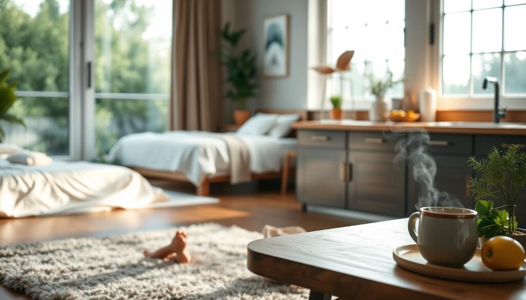 Lifestyle exercise sleep stress mindful eating: A serene, well-lit scene showcasing the core pillars of holistic wellness. In the foreground, a person practicing gentle yoga poses on a plush rug, their movements fluid and intentional. In the middle ground, a cozy bedroom with clean bedding and a dim lamp, conveying the importance of restorative sleep. In the background, a tranquil kitchen counter with fresh produce, herbs, and a steaming mug, representing mindful, nourishing eating. Soft, natural lighting filters through large windows, creating a calming, introspective atmosphere. The overall composition emphasizes balance, harmony, and a holistic approach to personal well-being. Lifestyle exercise sleep stress mindful eating: A serene, well-lit scene showcasing the core pillars of holistic wellness. In the foreground, a person practicing gentle yoga poses on a plush rug, their movements fluid and intentional. In the middle ground, a cozy bedroom with clean bedding and a dim lamp, conveying the importance of restorative sleep. In the background, a tranquil kitchen counter with fresh produce, herbs, and a steaming mug, representing mindful, nourishing eating. Soft, natural lighting filters through large windows, creating a calming, introspective atmosphere. The overall composition emphasizes balance, harmony, and a holistic approach to personal well-being.