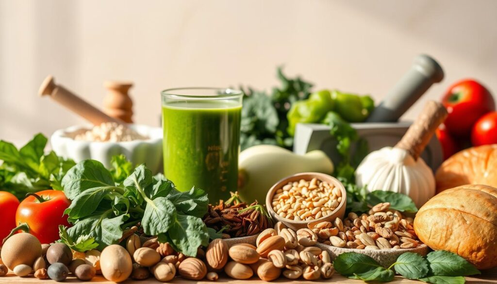 Macronutrients and micronutrients displayed as a harmonious still life. In the foreground, an assortment of whole foods including leafy greens, colorful vegetables, nuts, seeds, and lean protein sources. In the middle ground, a glass beaker filled with a nutrient-rich green smoothie, accompanied by a measuring spoon and a mortar and pestle. In the background, a soft, neutral-toned backdrop that emphasizes the natural vibrancy of the scene. Warm, natural lighting from the side creates gentle shadows and highlights the textures of the ingredients. The overall composition conveys a sense of balance, health, and holistic nourishment. Macronutrients and micronutrients displayed as a harmonious still life. In the foreground, an assortment of whole foods including leafy greens, colorful vegetables, nuts, seeds, and lean protein sources. In the middle ground, a glass beaker filled with a nutrient-rich green smoothie, accompanied by a measuring spoon and a mortar and pestle. In the background, a soft, neutral-toned backdrop that emphasizes the natural vibrancy of the scene. Warm, natural lighting from the side creates gentle shadows and highlights the textures of the ingredients. The overall composition conveys a sense of balance, health, and holistic nourishment.