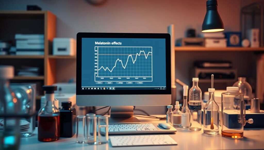 Melatonin study signal: a laboratory scene with a focus on a computer monitor displaying a graph or chart, indicating research data on the effects of melatonin. The monitor is positioned on a desk, surrounded by scientific equipment, test tubes, and other research materials. The lighting is warm and subdued, creating a contemplative atmosphere. The camera angle is slightly elevated, capturing the scene from an observational perspective, emphasizing the sense of scientific investigation and discovery. Melatonin study signal: a laboratory scene with a focus on a computer monitor displaying a graph or chart, indicating research data on the effects of melatonin. The monitor is positioned on a desk, surrounded by scientific equipment, test tubes, and other research materials. The lighting is warm and subdued, creating a contemplative atmosphere. The camera angle is slightly elevated, capturing the scene from an observational perspective, emphasizing the sense of scientific investigation and discovery.