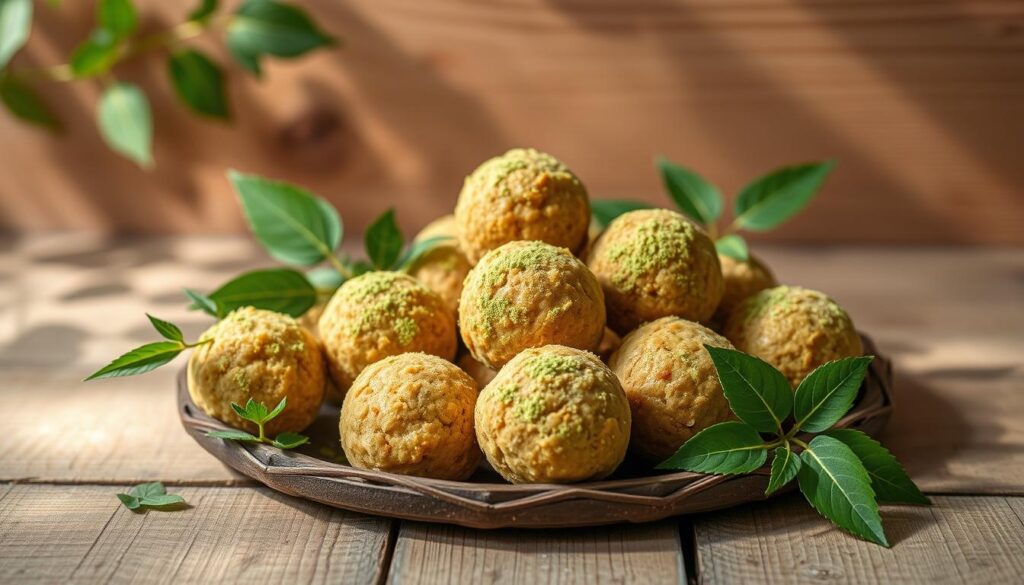 Moringa energy balls, a vibrant and nourishing snack, nestled on a rustic wooden surface. Foreground features plump, hand-rolled balls in a warm, earthy tone, coated with a light dusting of matcha powder. Surrounding them, sprigs of fresh moringa leaves add a lush, verdant touch. Middle ground showcases a simple, uncluttered background, with dappled natural light casting gentle shadows. The overall scene exudes a sense of wholesome indulgence, inviting the viewer to savor the energy-boosting benefits of this superfood delight. Captured with a soft, dreamy focus, the image evokes a moment of mindful nourishment amidst the everyday. Moringa energy balls, a vibrant and nourishing snack, nestled on a rustic wooden surface. Foreground features plump, hand-rolled balls in a warm, earthy tone, coated with a light dusting of matcha powder. Surrounding them, sprigs of fresh moringa leaves add a lush, verdant touch. Middle ground showcases a simple, uncluttered background, with dappled natural light casting gentle shadows. The overall scene exudes a sense of wholesome indulgence, inviting the viewer to savor the energy-boosting benefits of this superfood delight. Captured with a soft, dreamy focus, the image evokes a moment of mindful nourishment amidst the everyday.