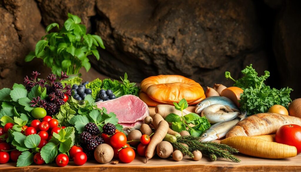 Paleo diet: a lush, earthly still life showcasing the natural bounty of the prehistoric era. In the foreground, an array of fresh, organic produce - vibrant greens, ruby-red berries, and earthy tubers. The middle ground features a selection of lean meats and seafood, captured in a soft, golden light that highlights their primal appeal. In the background, a rugged, cave-like setting evokes the ancient, untamed landscapes that nourished our ancestors. The overall atmosphere is one of harmony, simplicity, and a connection to the land - the essence of the paleo lifestyle. Crisp, high-resolution detail brings this primordial feast to life.