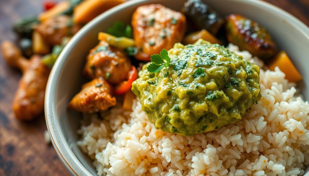 Savory pesto guacamole stir-fry rice: a vibrant, textural fusion of flavors and colors. In the foreground, a steaming bowl of jasmine rice is topped with a generous dollop of creamy, avocado-based guacamole, dotted with specks of fresh cilantro. Surrounding the rice, an aromatic stir-fry of sautéed vegetables and tender chicken, coated in a glossy, herb-infused pesto sauce. Soft, ambient lighting casts a warm glow, highlighting the dish's earthy, comforting tones. The composition is framed by a simple, rustic background, allowing the vibrant hues and tantalizing textures to take center stage. Savory pesto guacamole stir-fry rice: a vibrant, textural fusion of flavors and colors. In the foreground, a steaming bowl of jasmine rice is topped with a generous dollop of creamy, avocado-based guacamole, dotted with specks of fresh cilantro. Surrounding the rice, an aromatic stir-fry of sautéed vegetables and tender chicken, coated in a glossy, herb-infused pesto sauce. Soft, ambient lighting casts a warm glow, highlighting the dish's earthy, comforting tones. The composition is framed by a simple, rustic background, allowing the vibrant hues and tantalizing textures to take center stage.