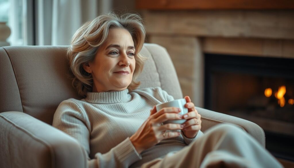 Serene menopausal scene with a woman relaxing in a cozy armchair, sipping a warm herbal tea. Soft ambient lighting, perhaps a fireplace in the background, creates a calming atmosphere. The woman's expression is one of contentment and inner peace, reflecting the soothing effects of natural remedies like licorice root on hormone balance and stress relief. The image conveys a sense of balance, wellness, and the gentle transition into a new phase of life. Serene menopausal scene with a woman relaxing in a cozy armchair, sipping a warm herbal tea. Soft ambient lighting, perhaps a fireplace in the background, creates a calming atmosphere. The woman's expression is one of contentment and inner peace, reflecting the soothing effects of natural remedies like licorice root on hormone balance and stress relief. The image conveys a sense of balance, wellness, and the gentle transition into a new phase of life.