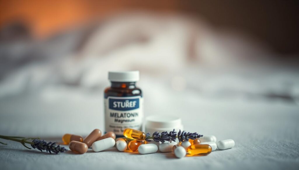 Soft-focus still life capturing the harmony of natural sleep aids. In the foreground, a collection of melatonin capsules, magnesium tablets, and a sprig of fresh lavender arranged artfully on a neutral surface. The middle ground features a serene, out-of-focus background with soothing colors and gentle lighting, evoking a calming, sleep-inducing ambiance. The lighting is warm and diffused, creating a tranquil, dreamlike atmosphere. The camera angle is slightly elevated, lending an air of contemplation to the scene. The overall composition exudes a sense of balance, simplicity, and the therapeutic potential of these natural sleep remedies. Soft-focus still life capturing the harmony of natural sleep aids. In the foreground, a collection of melatonin capsules, magnesium tablets, and a sprig of fresh lavender arranged artfully on a neutral surface. The middle ground features a serene, out-of-focus background with soothing colors and gentle lighting, evoking a calming, sleep-inducing ambiance. The lighting is warm and diffused, creating a tranquil, dreamlike atmosphere. The camera angle is slightly elevated, lending an air of contemplation to the scene. The overall composition exudes a sense of balance, simplicity, and the therapeutic potential of these natural sleep remedies.