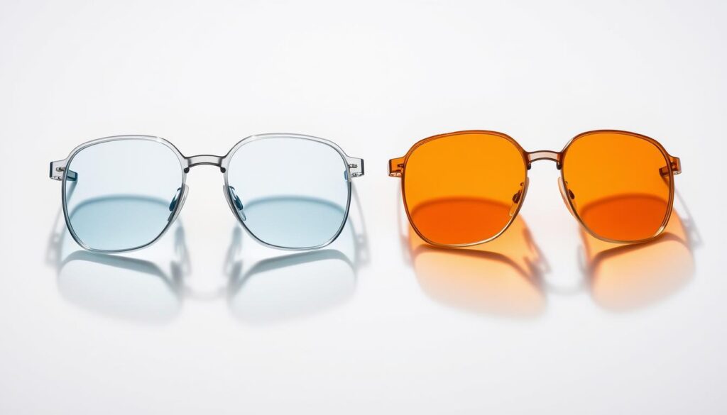 Two pairs of eyeglass lenses arranged side-by-side: a pair of clear lenses with a subtle blue tint, and a pair of orange-tinted lenses. The lenses are sharply in focus, casting soft shadows on a plain white background that emphasizes their contrasting colors and designs. The lighting is directional, creating highlights that accentuate the lens curvature and material properties. The overall scene conveys a sense of simplicity and clarity, allowing the viewer to closely examine the technical differences between the "blue-filter" and orange-tinted lenses. Two pairs of eyeglass lenses arranged side-by-side: a pair of clear lenses with a subtle blue tint, and a pair of orange-tinted lenses. The lenses are sharply in focus, casting soft shadows on a plain white background that emphasizes their contrasting colors and designs. The lighting is directional, creating highlights that accentuate the lens curvature and material properties. The overall scene conveys a sense of simplicity and clarity, allowing the viewer to closely examine the technical differences between the "blue-filter" and orange-tinted lenses.