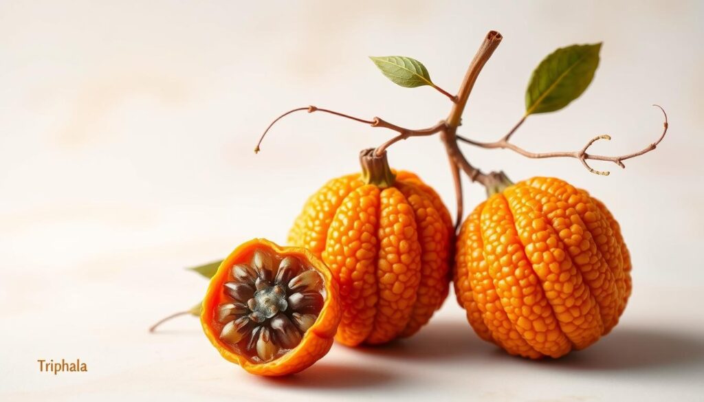 Vibrant and intricate botanical illustration of the triphala fruit, prominently displayed against a soft, ethereal background. The three fruits, in various stages of ripeness, are rendered with exquisite detail, their warm, earthy tones complemented by delicate wisps of foliage. Soft, diffused lighting casts a gentle glow, highlighting the subtle textures and rich, saturated hues. The overall composition conveys a sense of balance, wellness, and the restorative power of this ancient Ayurvedic remedy. Vibrant and intricate botanical illustration of the triphala fruit, prominently displayed against a soft, ethereal background. The three fruits, in various stages of ripeness, are rendered with exquisite detail, their warm, earthy tones complemented by delicate wisps of foliage. Soft, diffused lighting casts a gentle glow, highlighting the subtle textures and rich, saturated hues. The overall composition conveys a sense of balance, wellness, and the restorative power of this ancient Ayurvedic remedy.