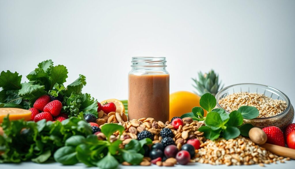 Vibrant arrangement of wholesome, energy-boosting foods against a clean, minimalist background. In the foreground, a selection of nutrient-dense items such as leafy greens, berries, nuts, seeds, and whole grains. The middle ground features a glass jar filled with a vibrant smoothie or juice, casting a soft, natural light across the scene. The background is a simple, white backdrop, allowing the colors and textures of the ingredients to take center stage. The overall mood is one of simplicity, balance, and the promise of sustained, natural energy. Vibrant arrangement of wholesome, energy-boosting foods against a clean, minimalist background. In the foreground, a selection of nutrient-dense items such as leafy greens, berries, nuts, seeds, and whole grains. The middle ground features a glass jar filled with a vibrant smoothie or juice, casting a soft, natural light across the scene. The background is a simple, white backdrop, allowing the colors and textures of the ingredients to take center stage. The overall mood is one of simplicity, balance, and the promise of sustained, natural energy.