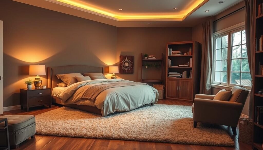 a cozy and inviting bedroom, with a large, plush bed draped in soft, neutral-colored bedding. The room is bathed in warm, ambient lighting, with a combination of natural light from a large window and subtle, dimmable lamps placed strategically around the space. The walls are painted in a soothing, earthy tone, and the floor is covered in a plush, neutral-toned area rug. A comfortable armchair sits in the corner, alongside a small side table and a tall, wooden bookshelf filled with books and decorative elements. The overall atmosphere is one of tranquility and relaxation, creating the perfect environment for a good night's sleep. a cozy and inviting bedroom, with a large, plush bed draped in soft, neutral-colored bedding. The room is bathed in warm, ambient lighting, with a combination of natural light from a large window and subtle, dimmable lamps placed strategically around the space. The walls are painted in a soothing, earthy tone, and the floor is covered in a plush, neutral-toned area rug. A comfortable armchair sits in the corner, alongside a small side table and a tall, wooden bookshelf filled with books and decorative elements. The overall atmosphere is one of tranquility and relaxation, creating the perfect environment for a good night's sleep.