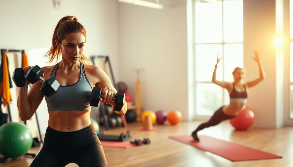 a dynamic, high-contrast image of two women performing a variety of fitness exercises in a modern, light-filled studio. In the foreground, a woman is shown mid-lunge, muscles straining as she lifts a pair of dumbbells. In the middle ground, another woman is holding a plank position, her core engaged. The background features a range of workout equipment, including resistance bands, exercise balls, and yoga mats, all bathed in warm, diffused lighting that casts a motivating, energetic atmosphere. The overall scene conveys the distinct differences between 'follicular' and 'luteal' phase workouts, with the poses, movements, and intensity levels of the models reflecting the unique physical and mental needs of each hormonal stage.